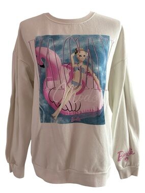 Mattel Barbie White Graphic 'Vacay Mode' Sweatshirt with Pink & Blue Print